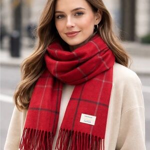 Edinburgh Lambswool scarf or throw in a red plaid pattern 60'x 12.5" NEW